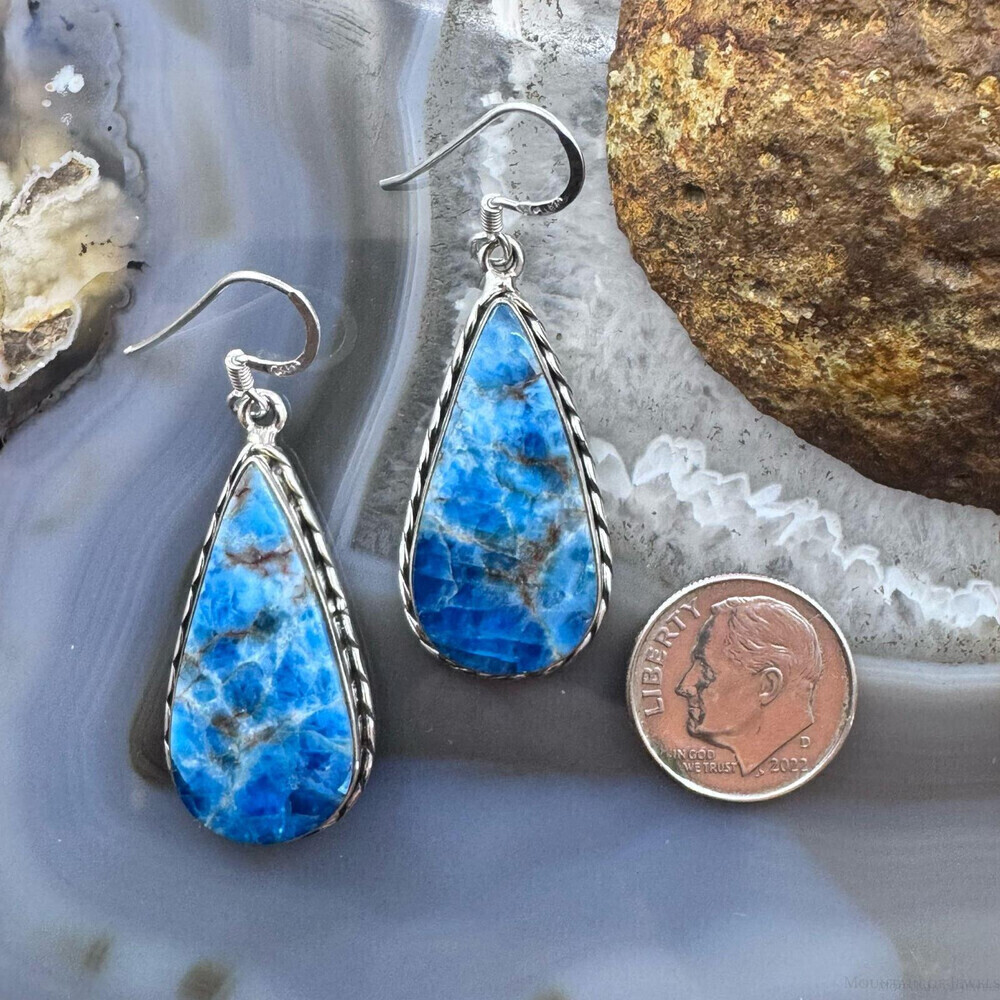 Sterling Silver Southwestern Style Apatite Teardrop Dangle Earrings For Women - Picture 8 of 10